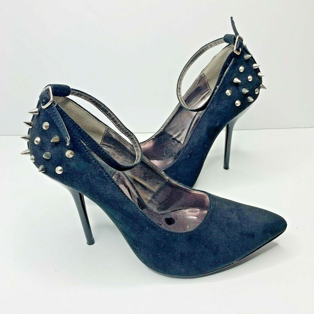 spike studded Stiletto heels punk rock glam faux suede size 7.5 ankle strap
